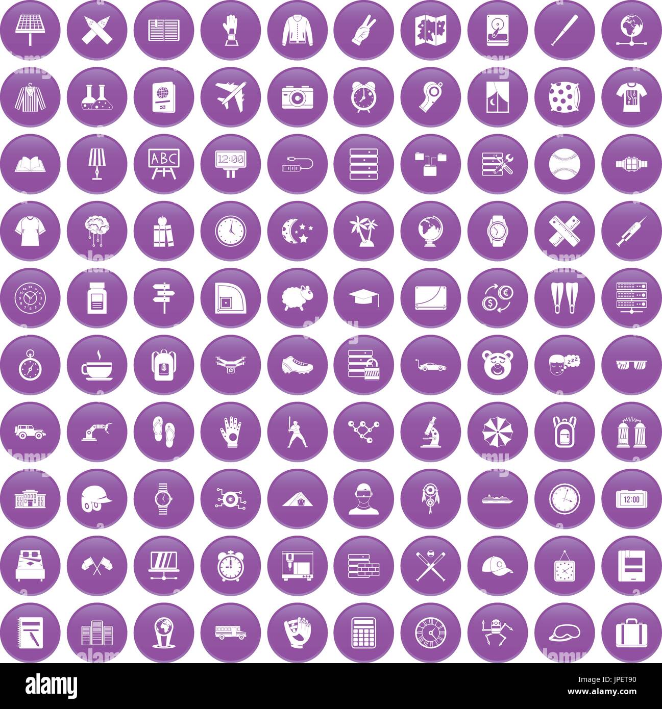 100 time icons set purple Stock Vector