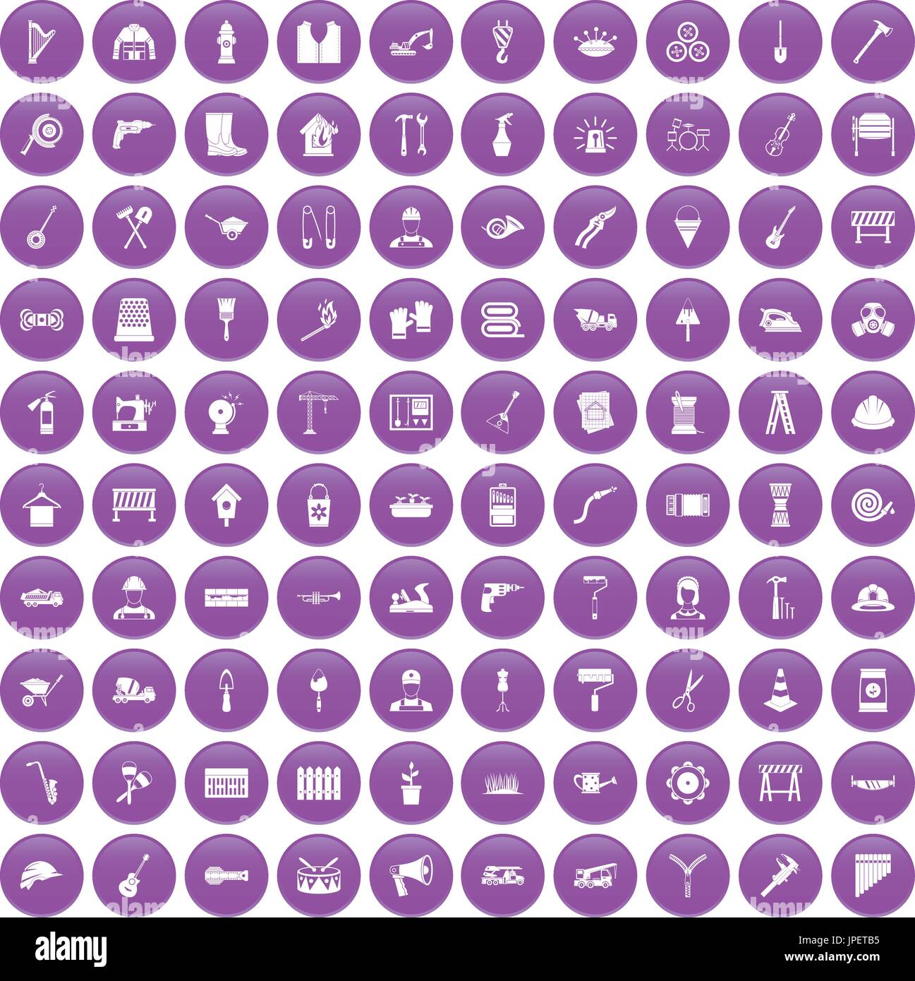 100 tools icons set purple Stock Vector