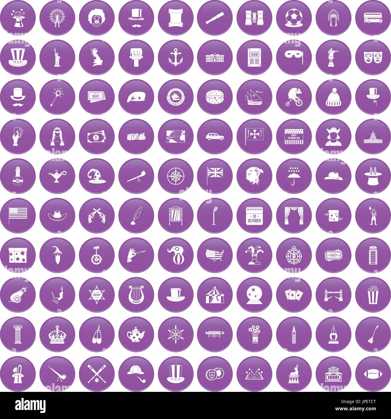 100 top hat icons set purple Stock Vector