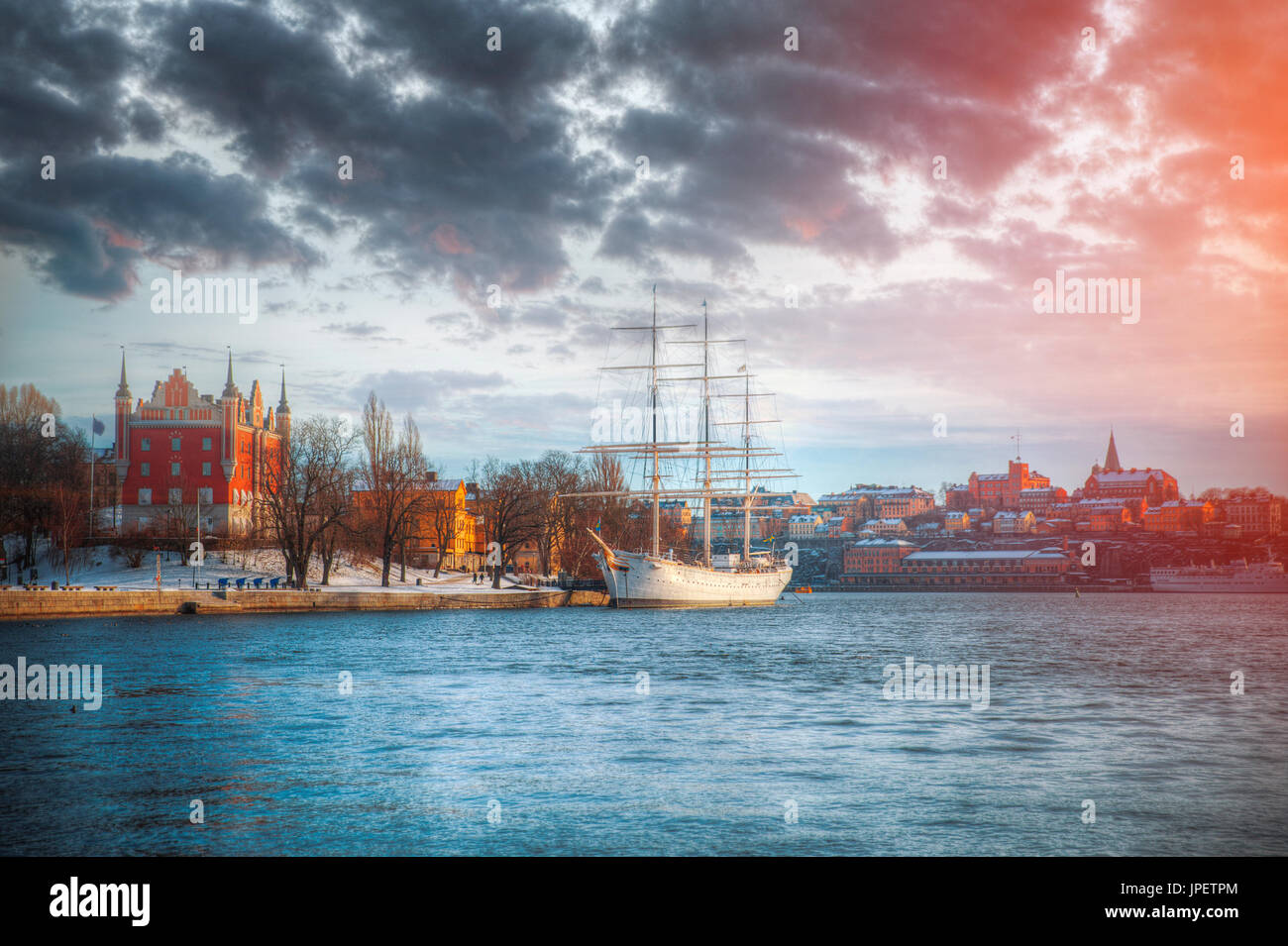 waterside scenery with sailing ship seen in Stockholm, Sweden Stock ...