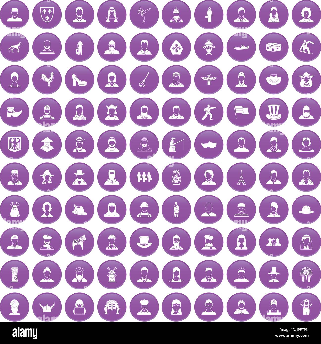 100 folk icons set purple Stock Vector