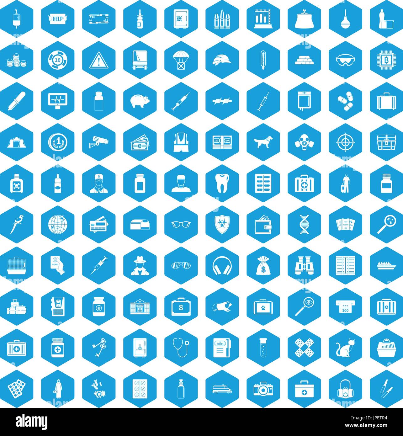 100 case icons set blue Stock Vector
