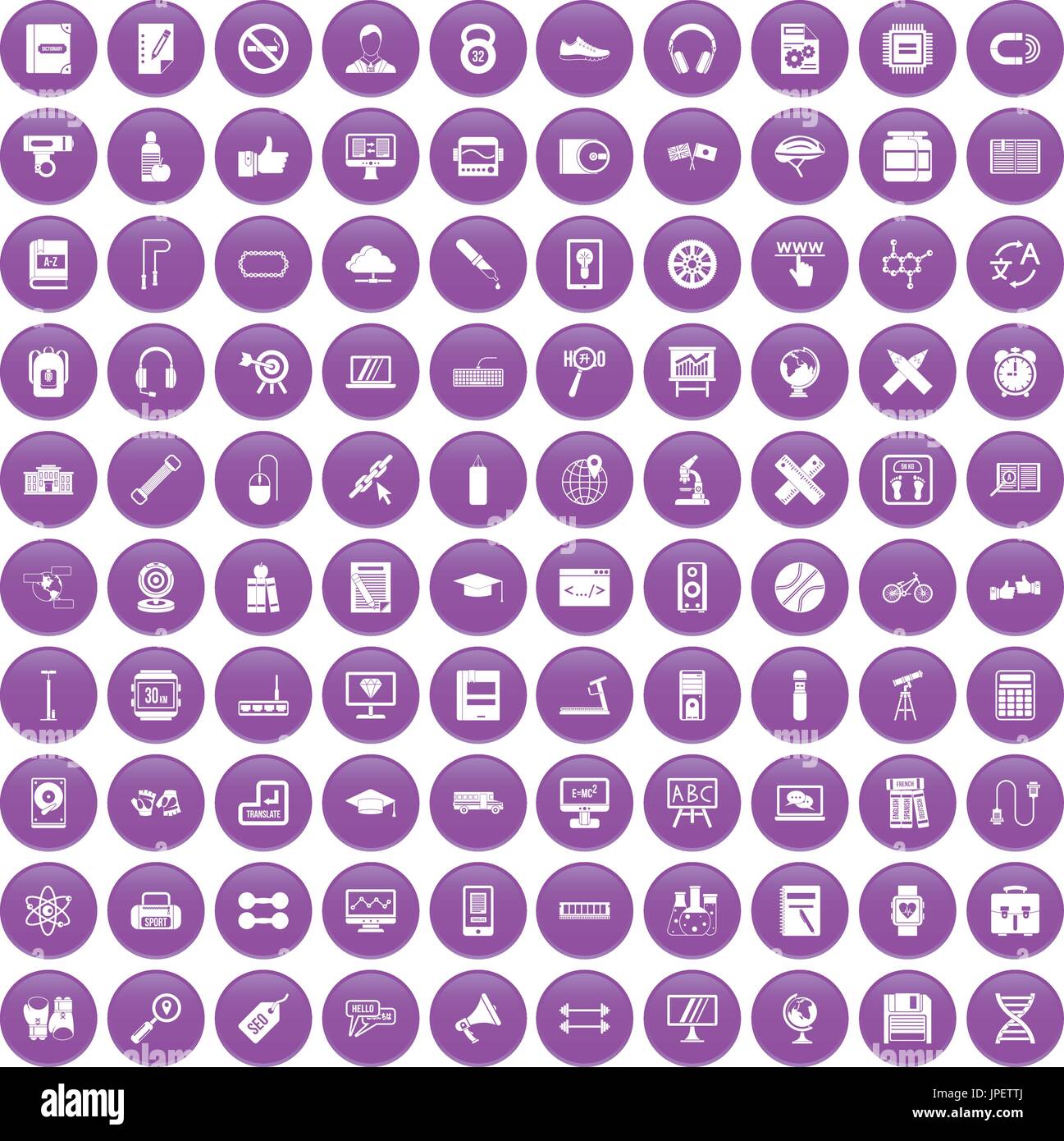 100 training icons set purple Stock Vector