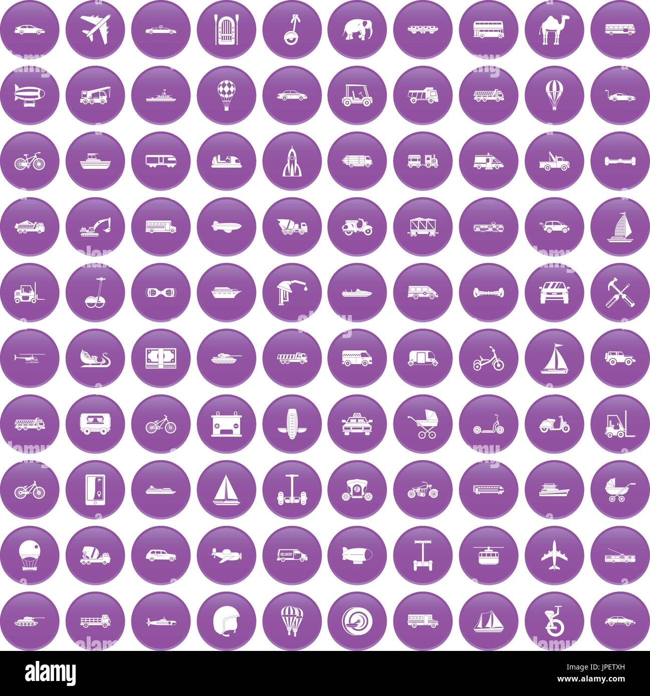 100 transport icons set purple Stock Vector