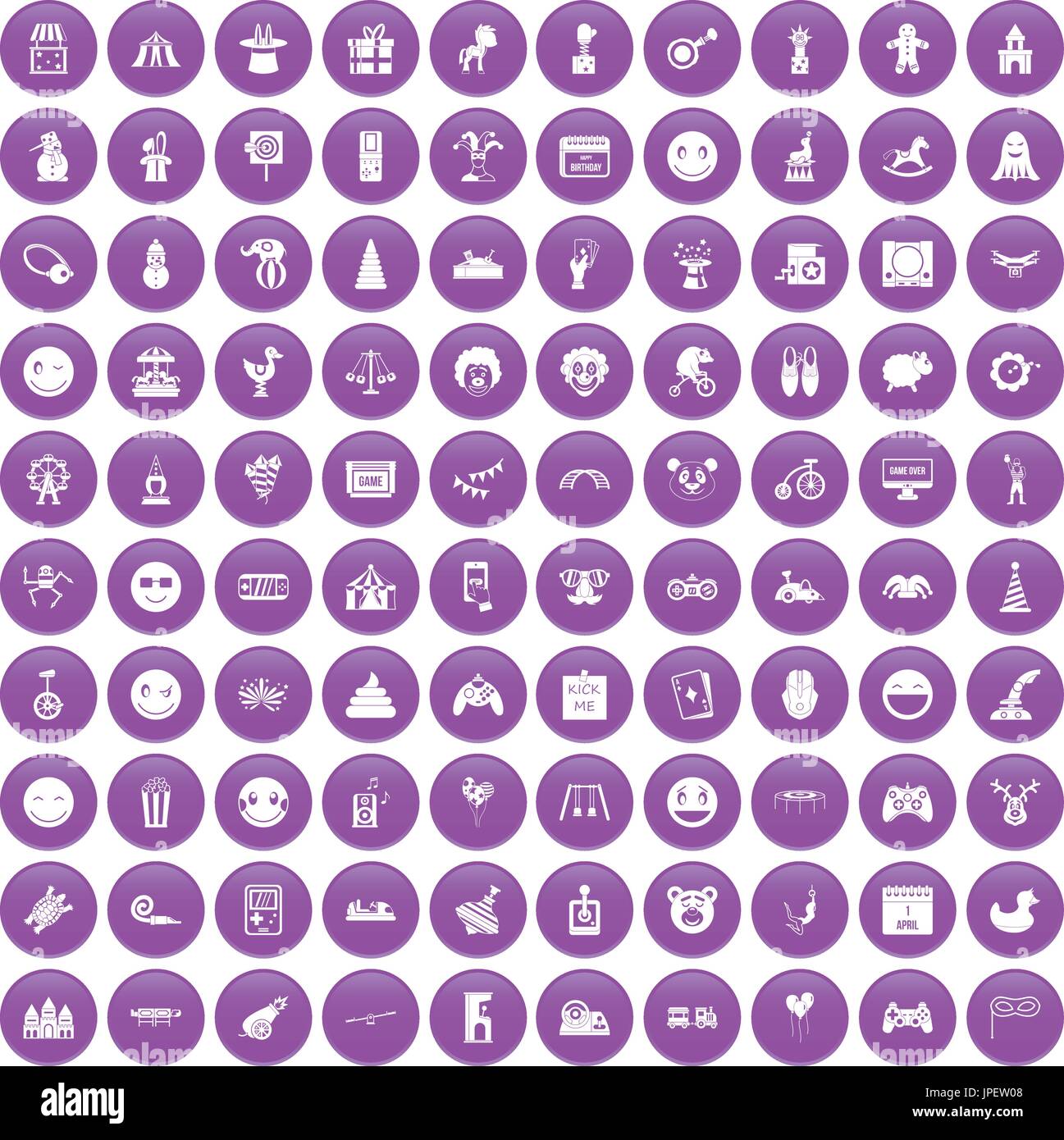100 funny icons set purple Stock Vector