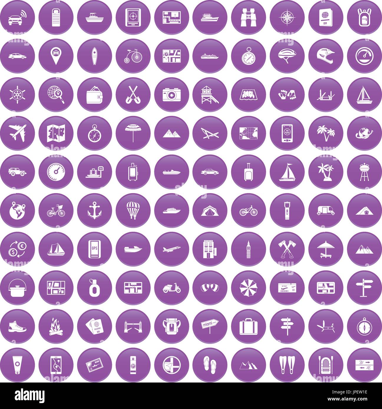 100 travel icons set purple Stock Vector
