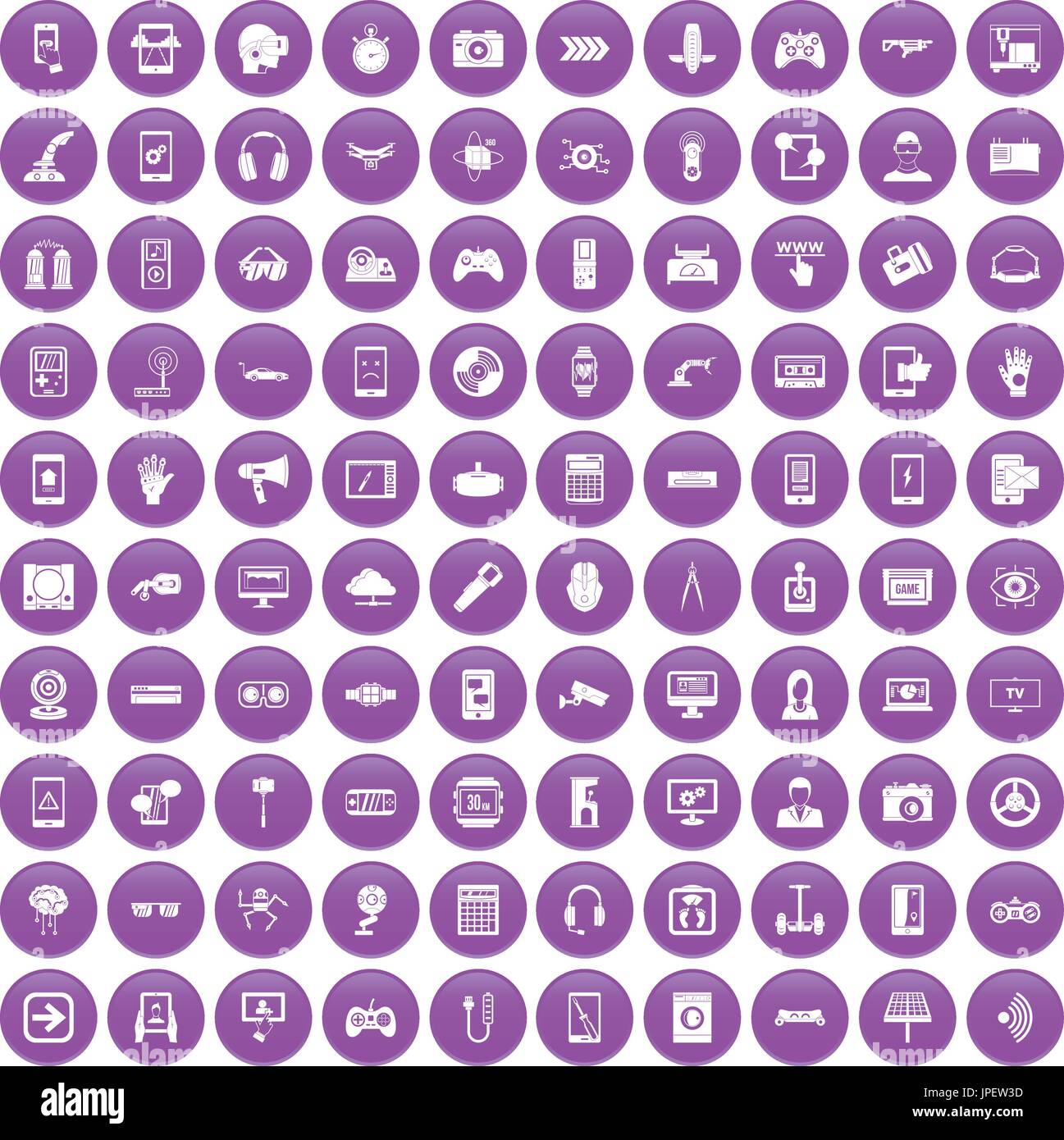 100 gadget icons set purple Stock Vector