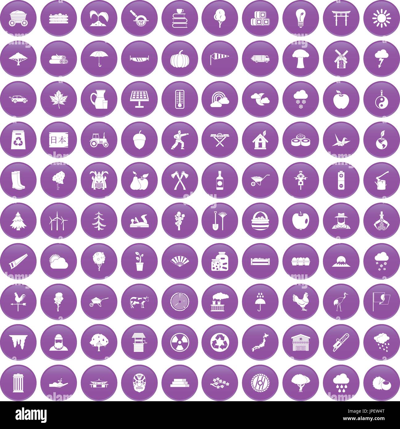 100 tree icons set purple Stock Vector