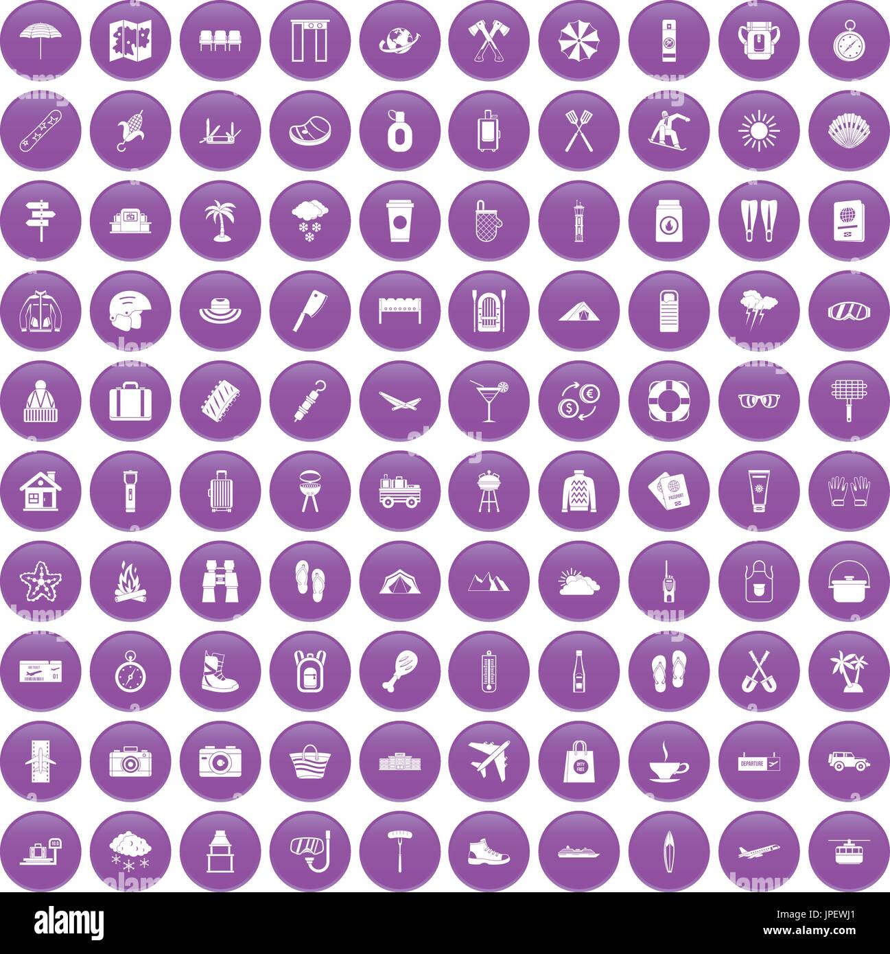100 vacation icons set purple Stock Vector
