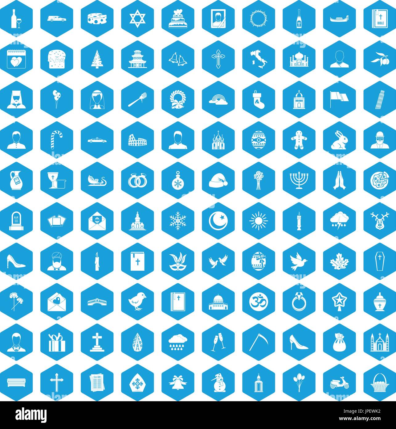 100 church icons set blue Stock Vector