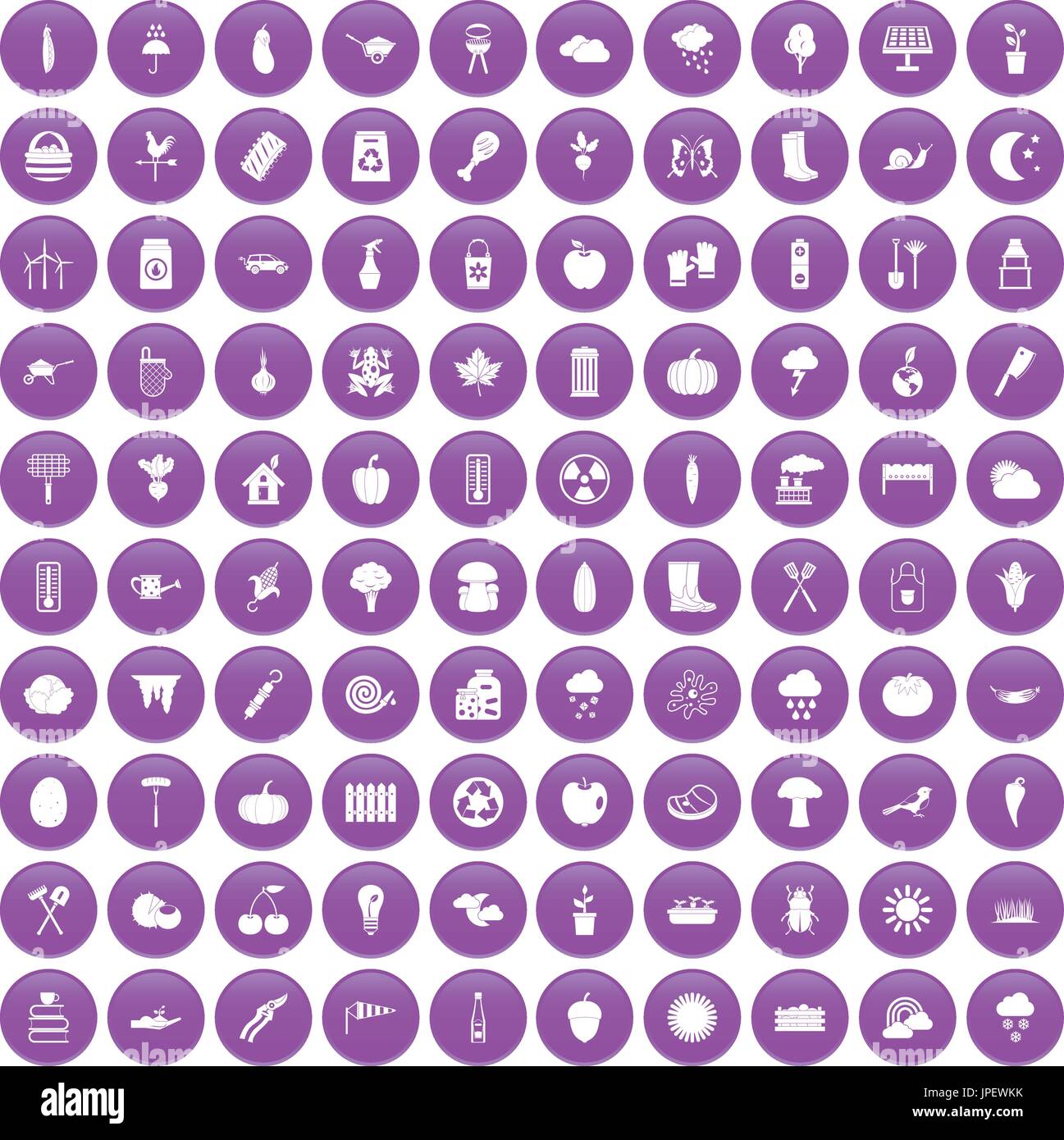 100 vegetables icons set purple Stock Vector