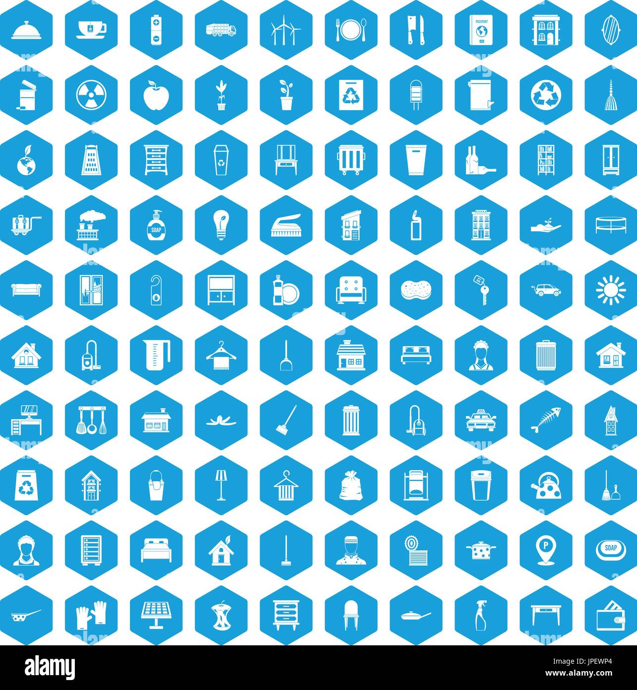 100 cleaning icons set blue Stock Vector