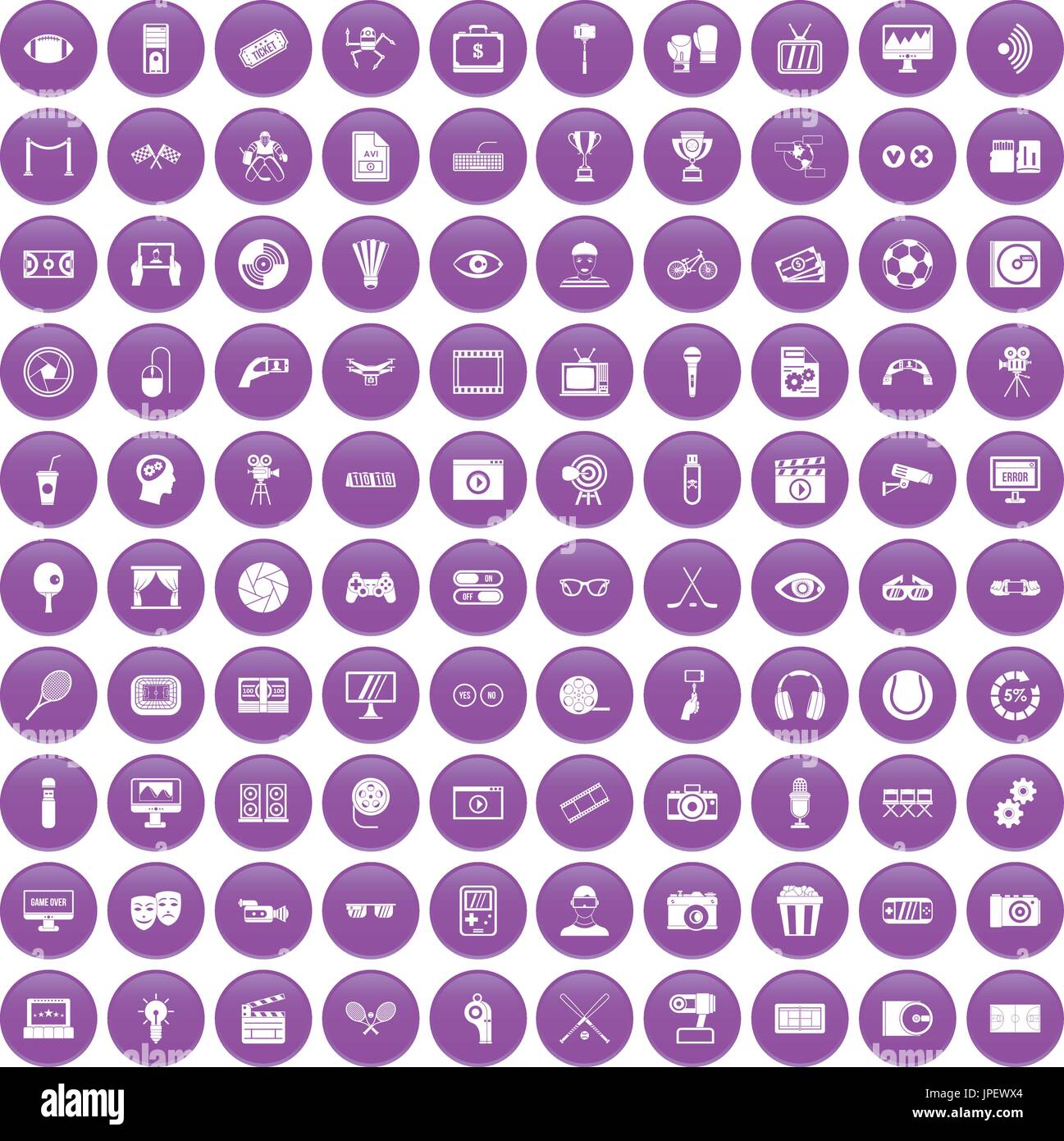 100 video icons set purple Stock Vector