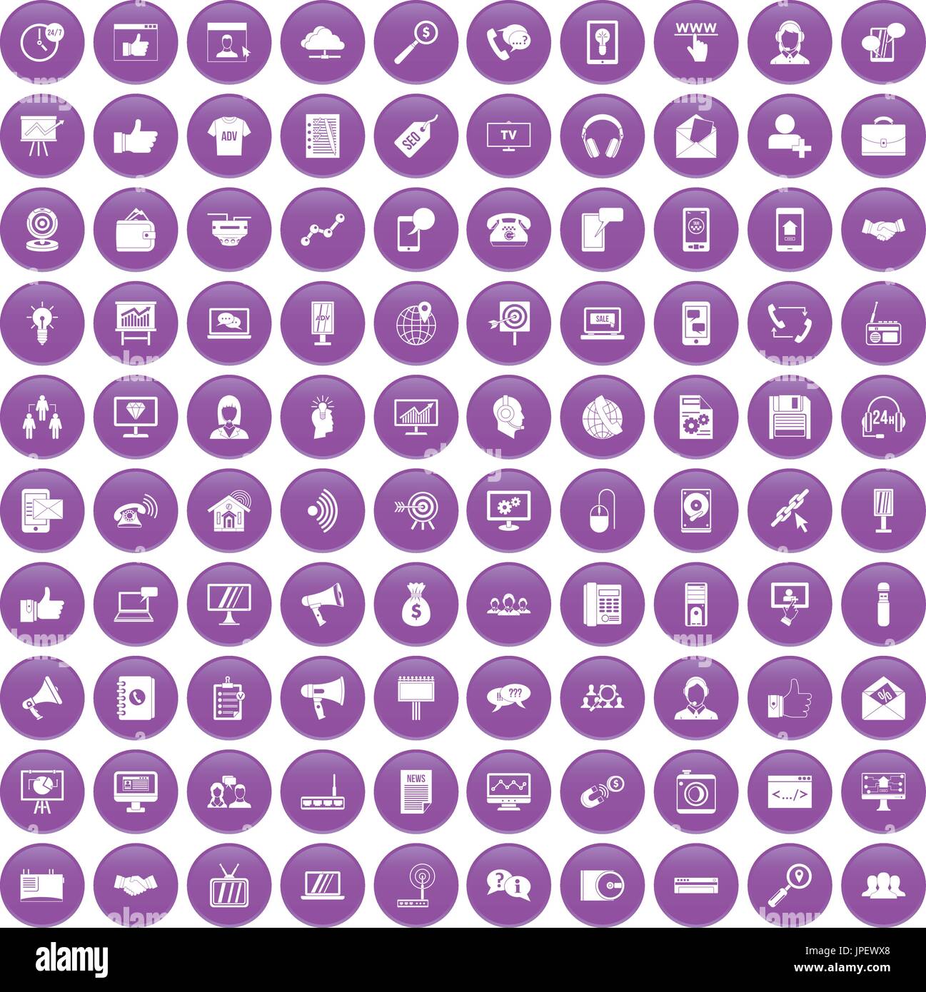 100 help desk icons set purple Stock Vector