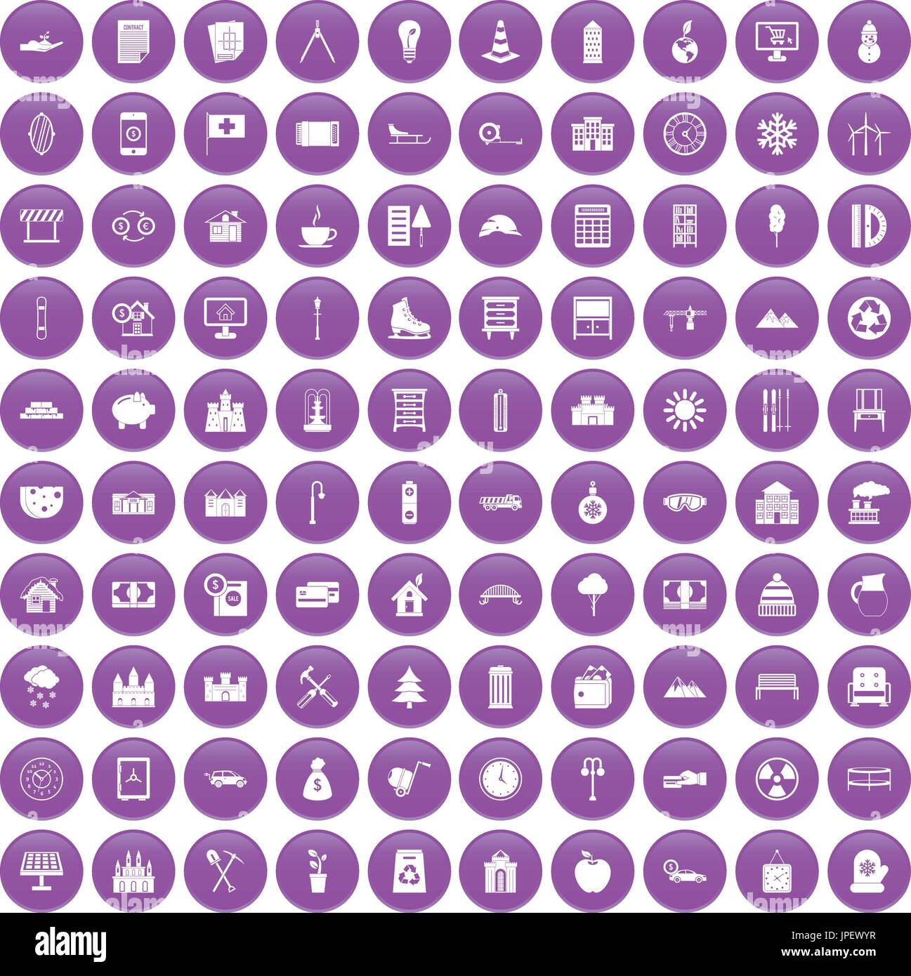 100 villa icons set purple Stock Vector