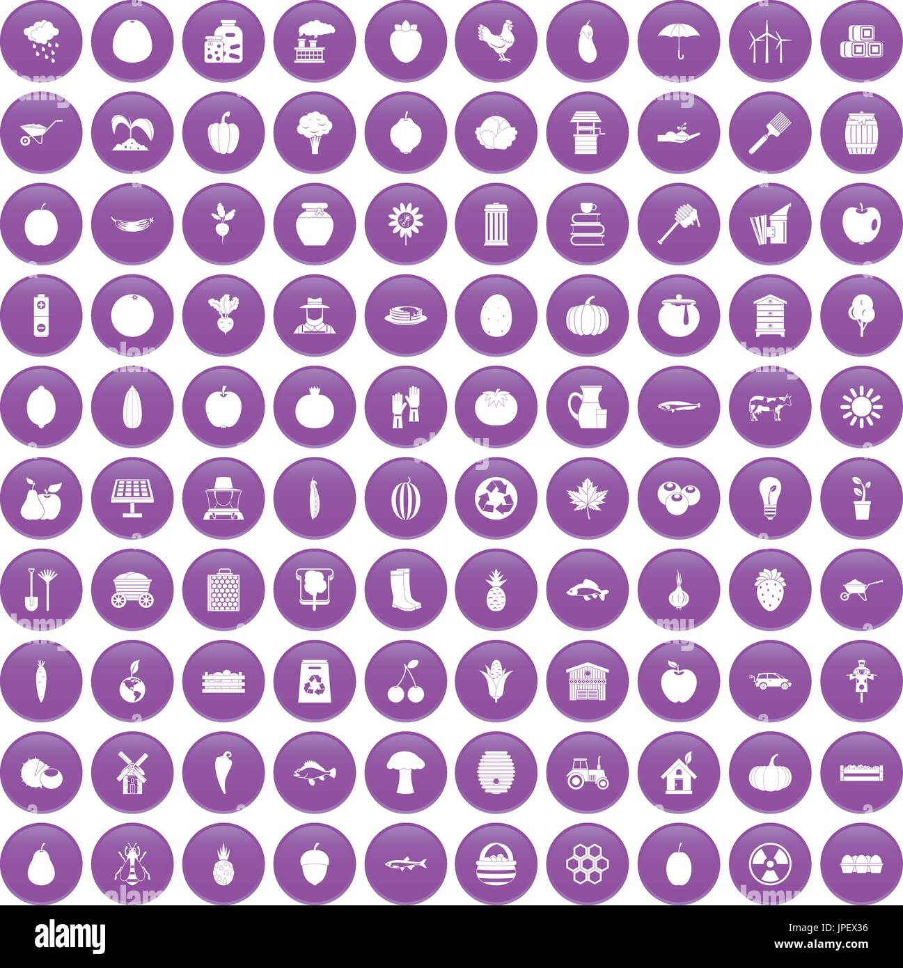100 vitamins icons set purple Stock Vector