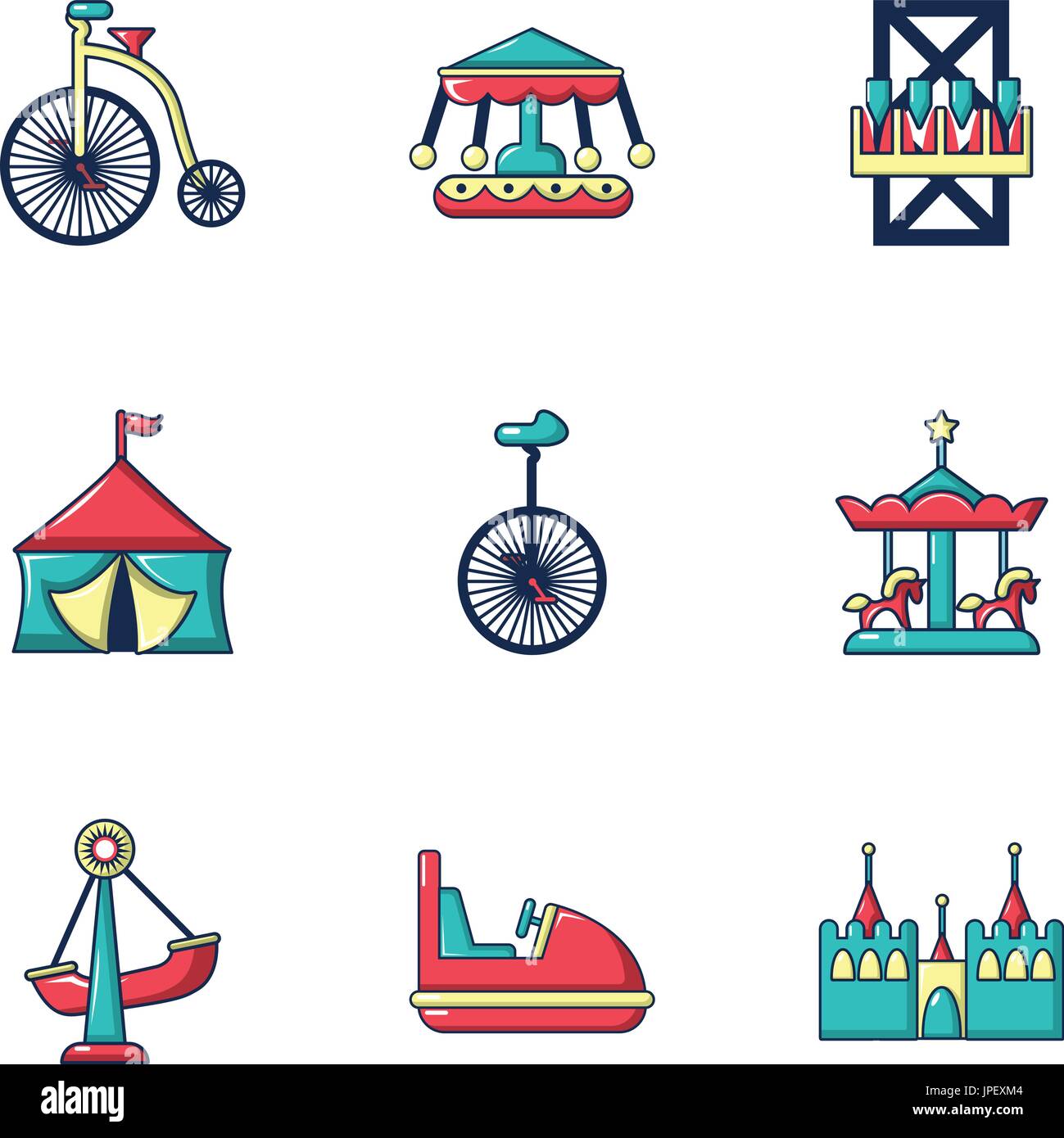 Colored circus icons set, flat style Stock Vector