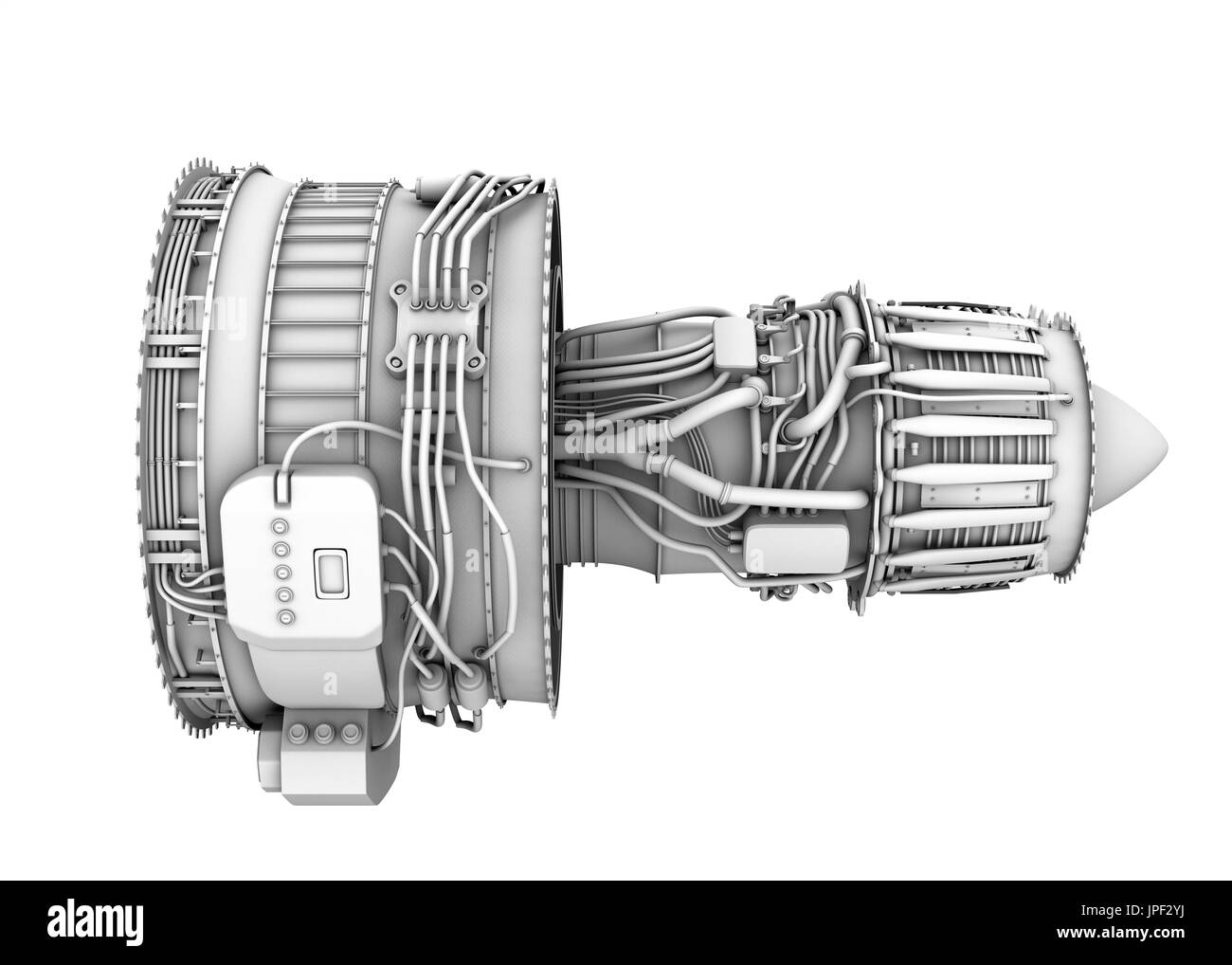 3D clay render of turbofan jet engine isolated on white background. 3D rendering image. Stock Photo