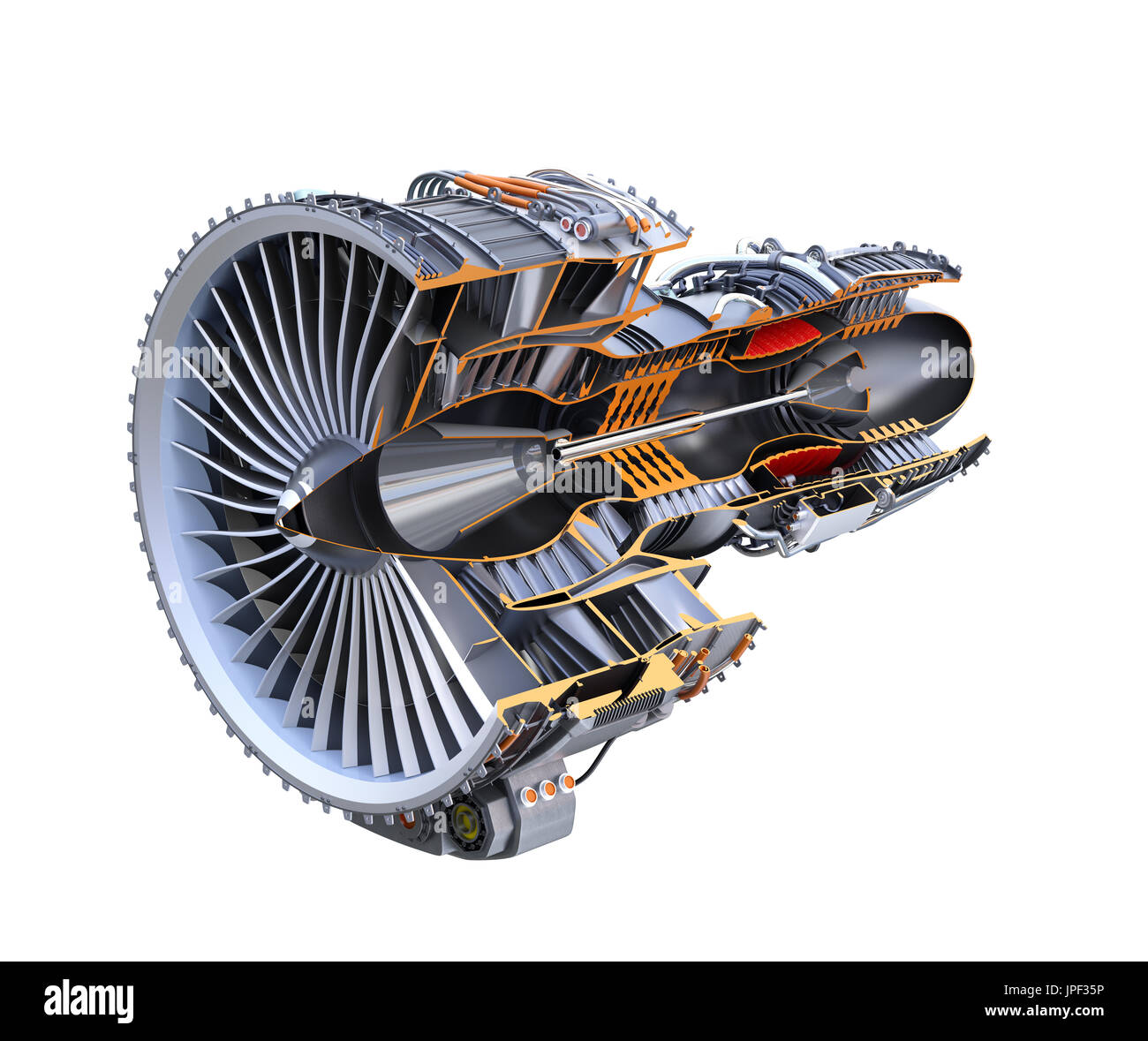 Cross section of turbofan jet engine isolated on white background. 3D rendering image. Stock Photo