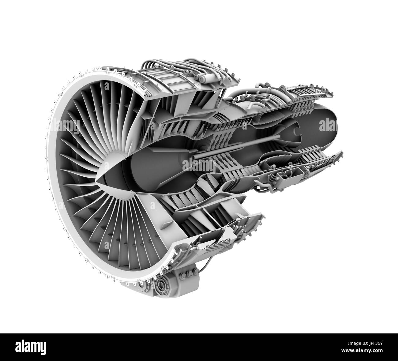 3D clay cutaway render of turbofan jet engine isolated on white background. 3D rendering image. Stock Photo