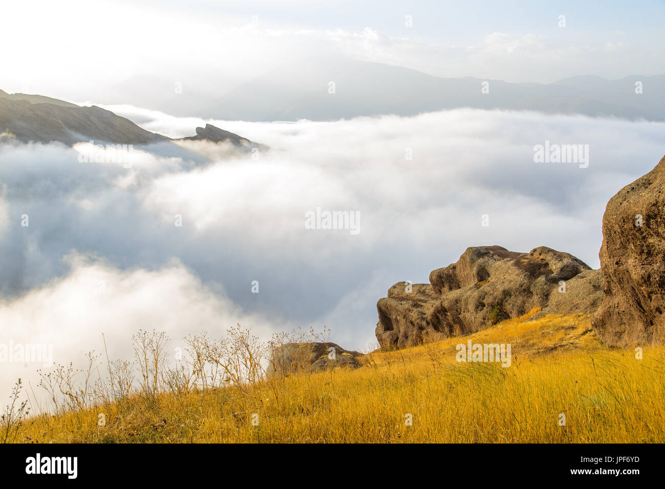 Morning sunrise over Alamat Castle in the Alborz mountains, Iran Stock Photo