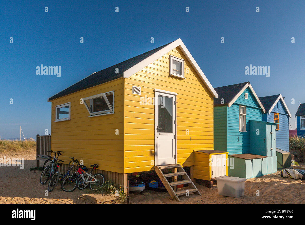 Highly desirable seaside wooden beach huts at Mudeford , Dorset .These