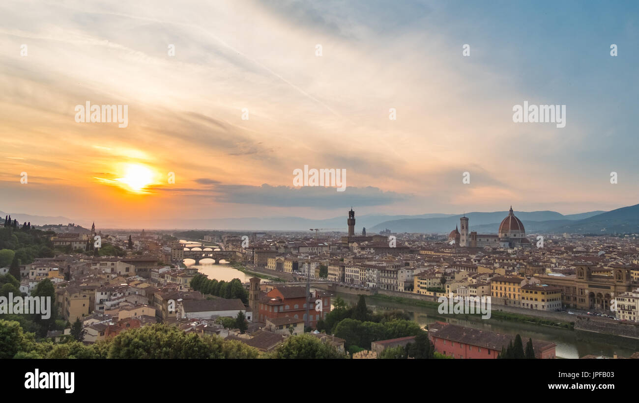 Aerial view of Florence. With Florence Duomo Cathedral. Basilica di Santa Maria del Fiore or Basilica of Saint Mary of the Flower in sunset. Stock Photo