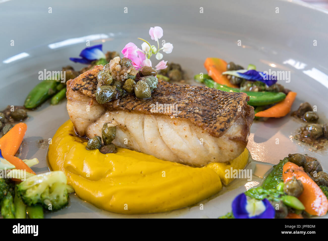 grilled grouper fillet steak with sweet Mashed potato Stock Photo
