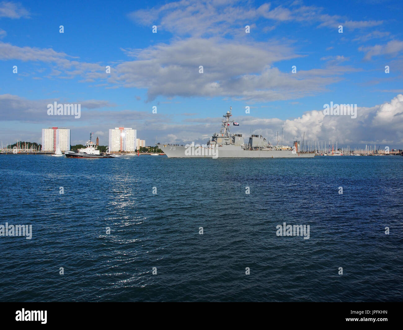 Portsmouth, Hampshire, UK. 01st Aug, 2017. The USS Donald Cook, DDG-75, an Arleigh Burke-class guided missile destroyer, leaves Portsmouth Harbour after a week long visit along with other ships involved in Operation Inherent Resolve, the Global Coalition’s fight against ISIS. Other members of the task group included USS Philippine Sea ,Norwegian ship HNoMS Helge Insgstad and USS George H W Bush a Nimitz class, nuclear powered aircraft carrier. Credit: simon evans/Alamy Live News Stock Photo
