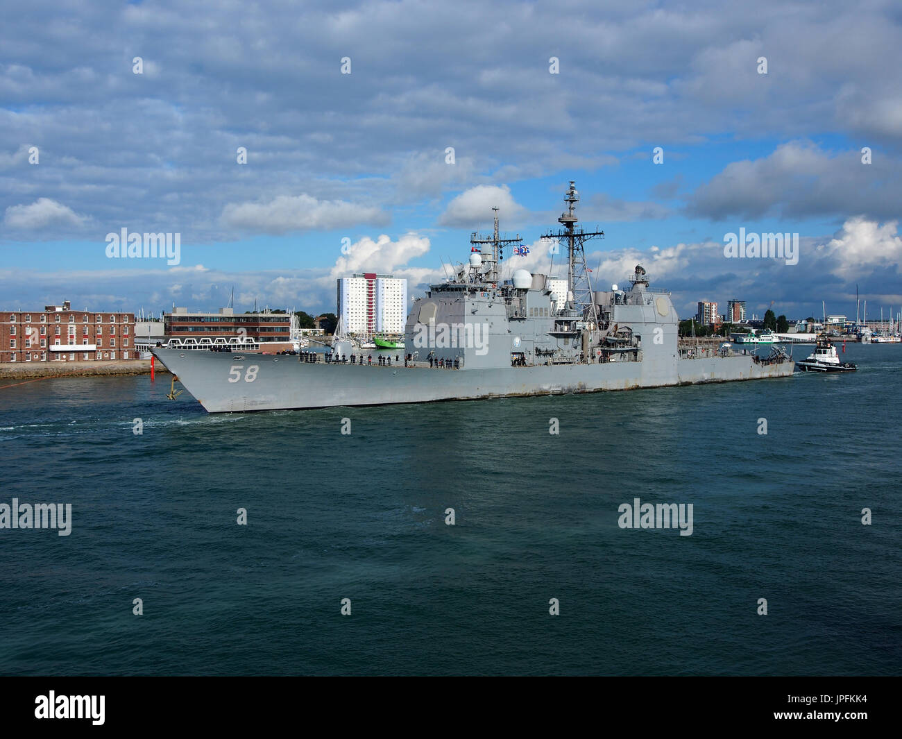Portsmouth, Hampshire, UK. 01st Aug, 2017. The USS Philippine Sea, CG-58, a Flight II Ticonderoga-class guided missile cruiser, leaves Portsmouth Harbour after a week long visit along with other ships involved in Operation Inherent Resolve, the Global Coalition’s fight against ISIS. Other members of the task group included USS Donald Cook, Norwegian ship HNoMS Helge Insgstad and USS George H W Bush a Nimitz class, nuclear powered aircraft carrier. Credit: simon evans/Alamy Live News Stock Photo