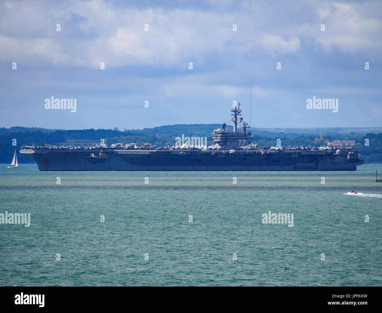 Portsmouth, Hampshire, UK. 01st Aug, 2017.  USS George H W Bush a Nimitz class, nuclear powered aircraft carrier leaves the Solent after a week long visit along with other ships involved in Operation Inherent Resolve, the Global Coalition’s fight against ISIS. Other members of the task group included USS Donald Cook, USS Philippine Sea and The Norwegian ship HNoMS Helge Insgstad. Credit: simon evans/Alamy Live News Stock Photo