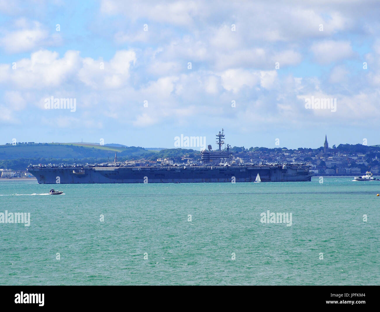 Portsmouth, Hampshire, UK. 01st Aug, 2017.  USS George H W Bush a Nimitz class, nuclear powered aircraft carrier leaves the Solent after a week long visit along with other ships involved in Operation Inherent Resolve, the Global Coalition’s fight against ISIS. Other members of the task group included USS Donald Cook, USS Philippine Sea and The Norwegian ship HNoMS Helge Insgstad. Credit: simon evans/Alamy Live News Stock Photo