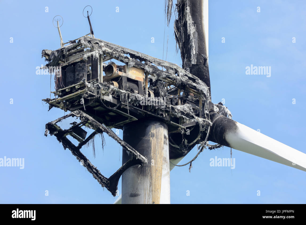 Kothen, Germany. 01st Aug, 2017. Picture of a burned wind turbine taken at a wind farm in Kothen, Germany, 01 August 2017. On Tuesday morning the fire department put off the falling, lit debris and allowed the turbine itself to burn out in a controlled manner. The cause of the fire is thought to be a strike of lightning (aerial shots taken with a drone). Photo: Jan Woitas/dpa-Zentralbild/ZB/dpa/Alamy Live News Stock Photo