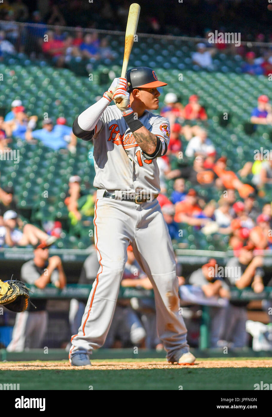 July 30, 2017: Baltimore Orioles third baseman Manny Machado #13 at bat  during an MLB game between the Baltimore Orioles and the Texas Rangers at  Globe Life Park in Arlington, TX Baltimore