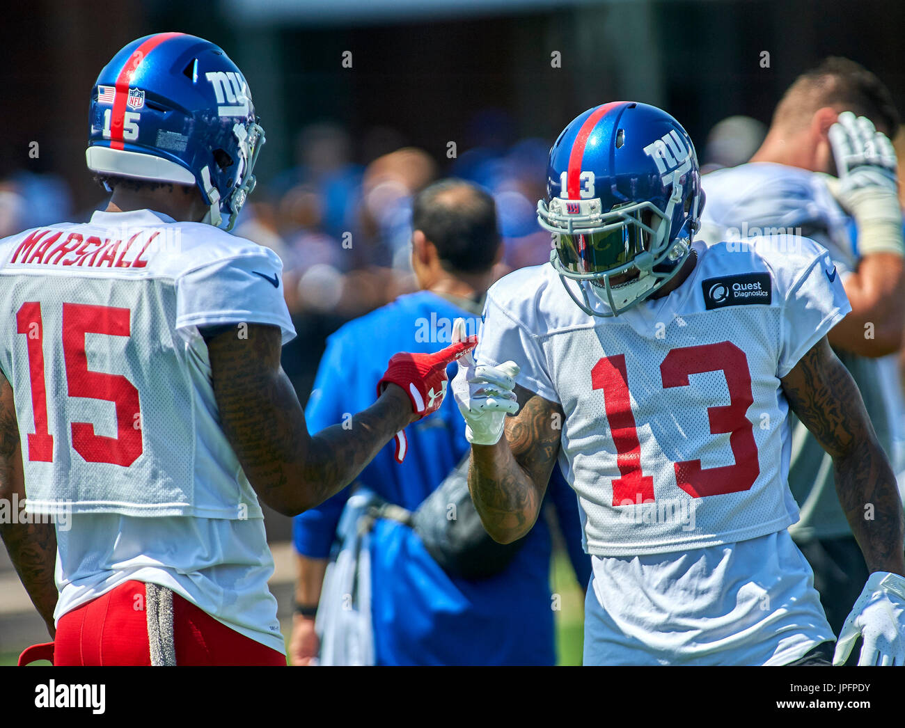 August 1, 2017 - East Rutherford, New Jersey, U.S. - New York Giants' wide  receivers Brandon Marshall (15) and Odell Beckham Jr (13) go through a hand  shake during practice at the