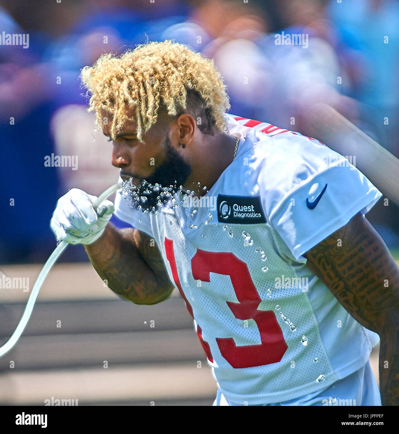 August 1, 2017 - East Rutherford, New Jersey, U.S. - New York Giants' wide  receiver Odell Beckham, Jr (13) takes a water break during practice drills  at the Quest Diagnostics Training Center