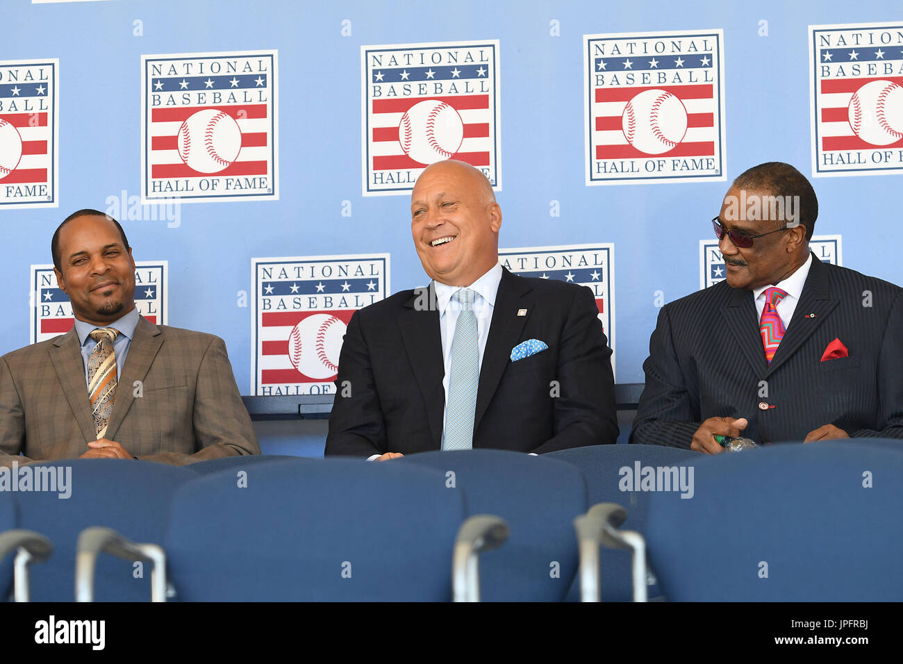 New York, NY, USA. 29th July, 2017. Hall of Fame members Barry Larkin, Cal Ripken Jr. and Jim Rice attends the National Baseball Hall of Fame Induction Ceremony at Clark Sports Center on July 30, 2017 during the Induction Weekend in Cooperstown, New York. Credit: John Palmer/Media Punch/Alamy Live News Stock Photo