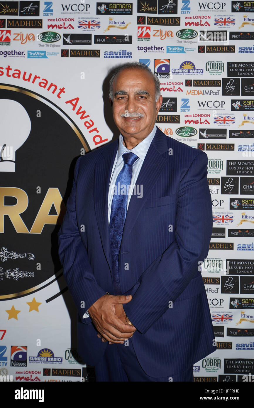 UK. 01st Aug, 2017. Hussain Mehboob posing for photos on the red carpet before attending the first annual Asian Food and Restaurant Awards at the Montcalm Hotel in London. Photo date: Tuesday, August 1, 2017. Photo credit should read: Roger Garfield/Alamy Live News Stock Photo