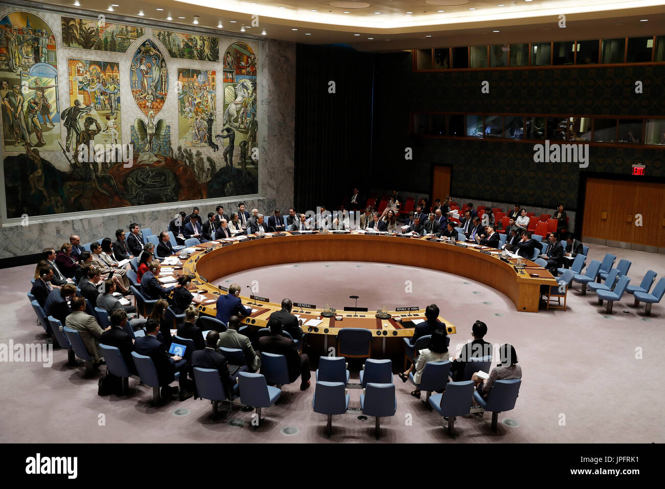 United Nations, New York, USA. 1st August, 2017. File photo taken on July 5, 2017 shows the United Nations Security Council holding an emergency meeting on issues in the Korean Peninsula at the UN headquarters in New York. China on July 31 concluded its rotating presidency of the UN Security Council for the month of July. Under the month-long Chinese presidency, the Security Council, which is the most powerful UN body, convened more than 30 meetings, adopted four resolutions and four presidential statements, and issued seven press statements. Stock Photo