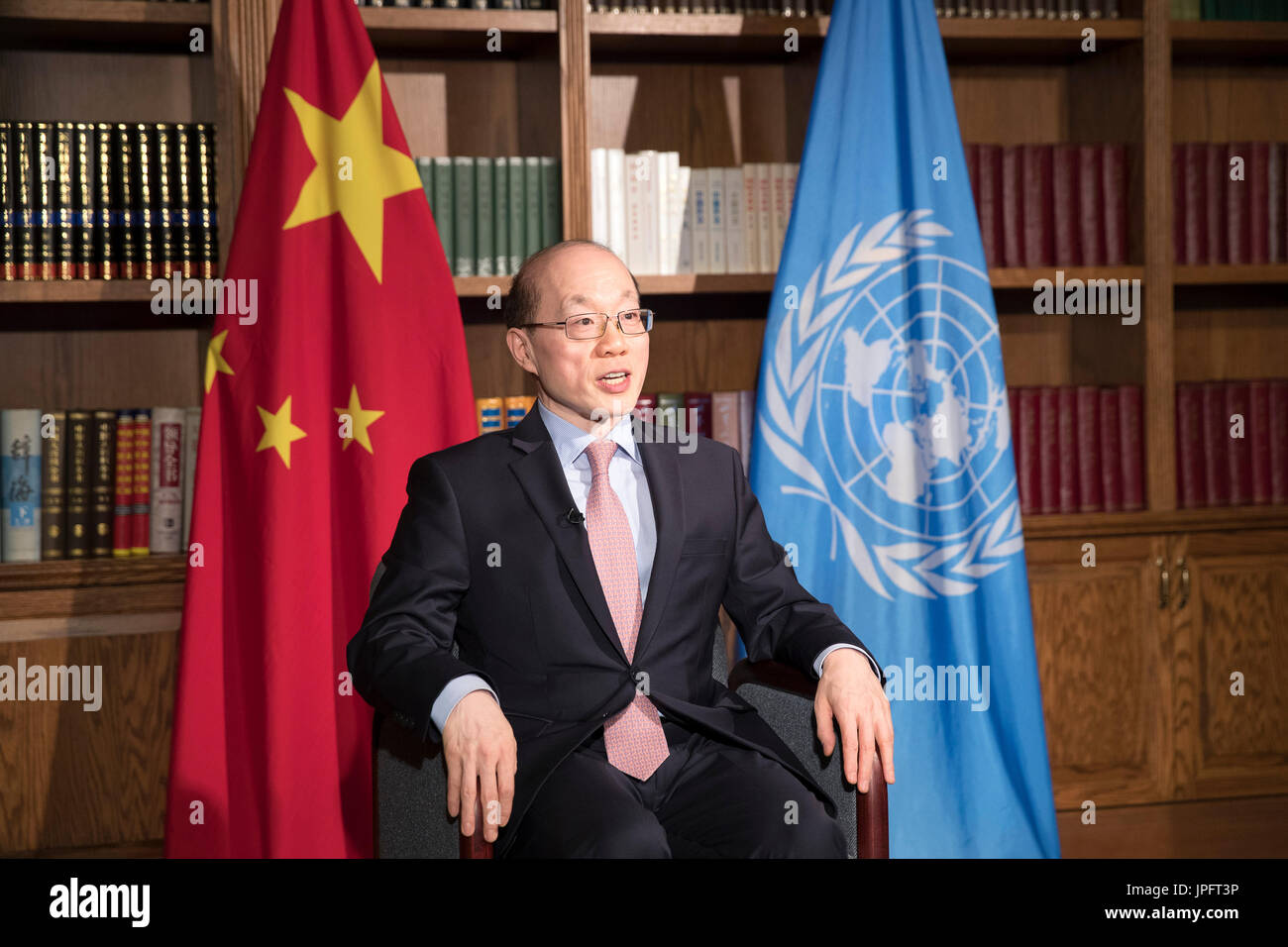 United Nations, New York, USA. 1st August, 2017. Liu Jieyi, China's Permanent Representative to the United Nations, receives an interview with Xinhua in New York, on Aug. 1, 2017. China on July 31 concluded its rotating presidency of the UN Security Council for the month of July. Under the month-long Chinese presidency, the Security Council, which is the most powerful UN body, convened more than 30 meetings, adopted four resolutions and four presidential statements, and issued seven press statements. Stock Photo
