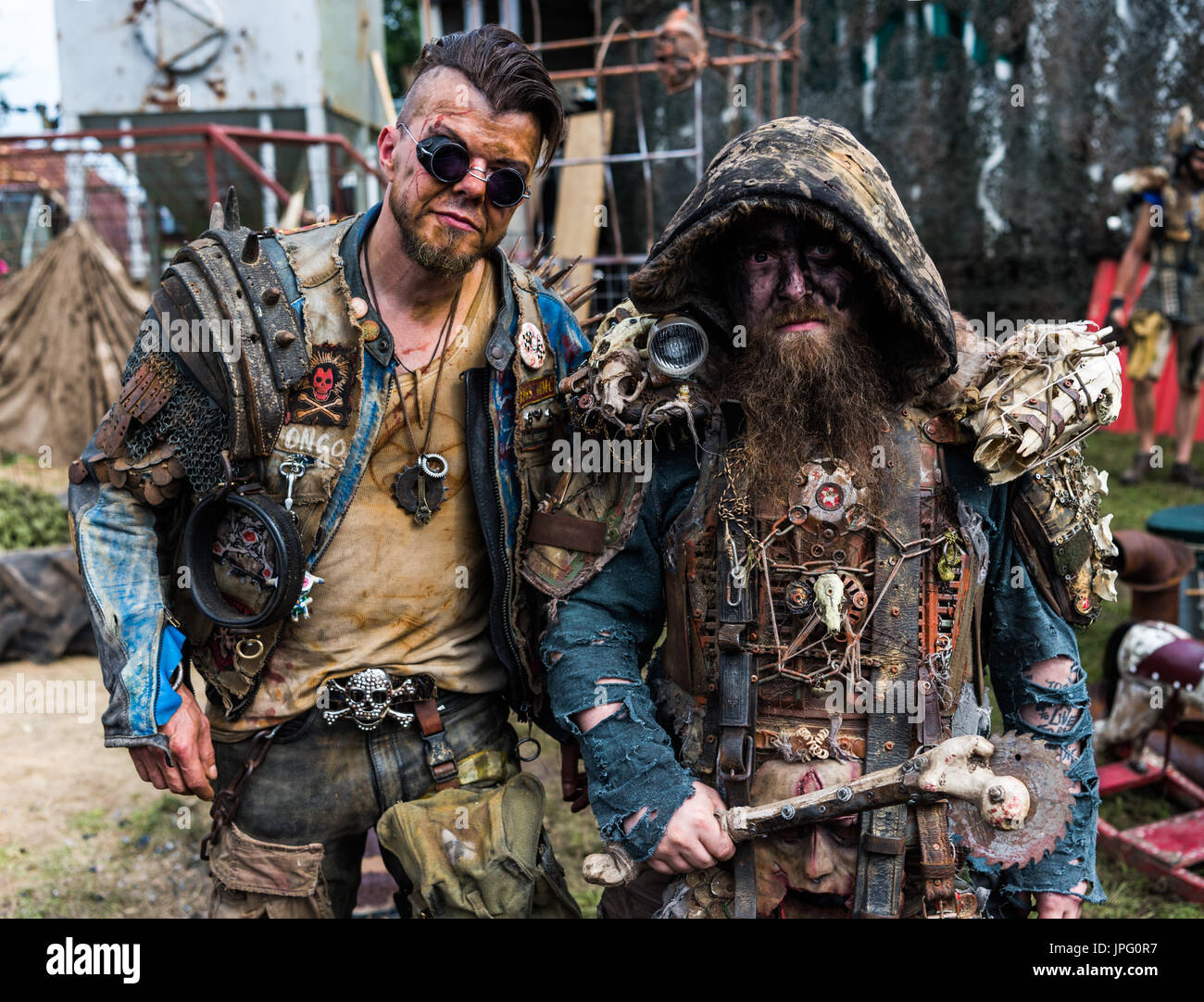 Wacken, Germany. 02nd Aug, 2017. Henri(L) and Chris from the Wasteland Warriors look at the camera at the Wacken Open Air Festival in Wacken, Germany, 02 August 2017. The Wacken Open Air festival takes place between 03 and 05 August 2017. Photo: Christophe Gateau/dpa/Alamy Live News Stock Photo