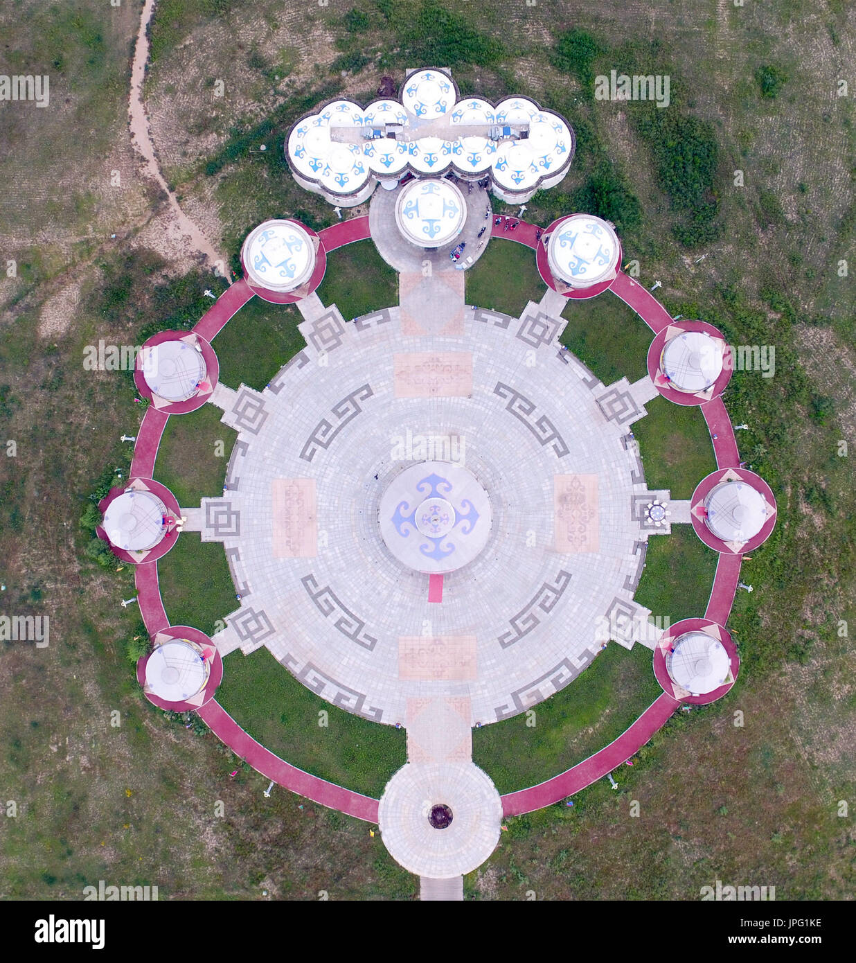 Hohhot. 1st Aug, 2017. Photo taken on Aug. 1, 2017 shows Mongolian yurts at Manduhai Park in Hohhot, capital of north China's Inner Mongolia Autonomous Region. This group of photos taken by drones shows landmarks of the city, reflecting the development of the city in recent years. This year marks the 70th anniversary of the founding of the Inner Mongolia Autonomous Region. In local language, Hohhot means the 'Blue City'. It is the political, economic and cultural center of the region. Credit: Deng Hua/Xinhua/Alamy Live News Stock Photo