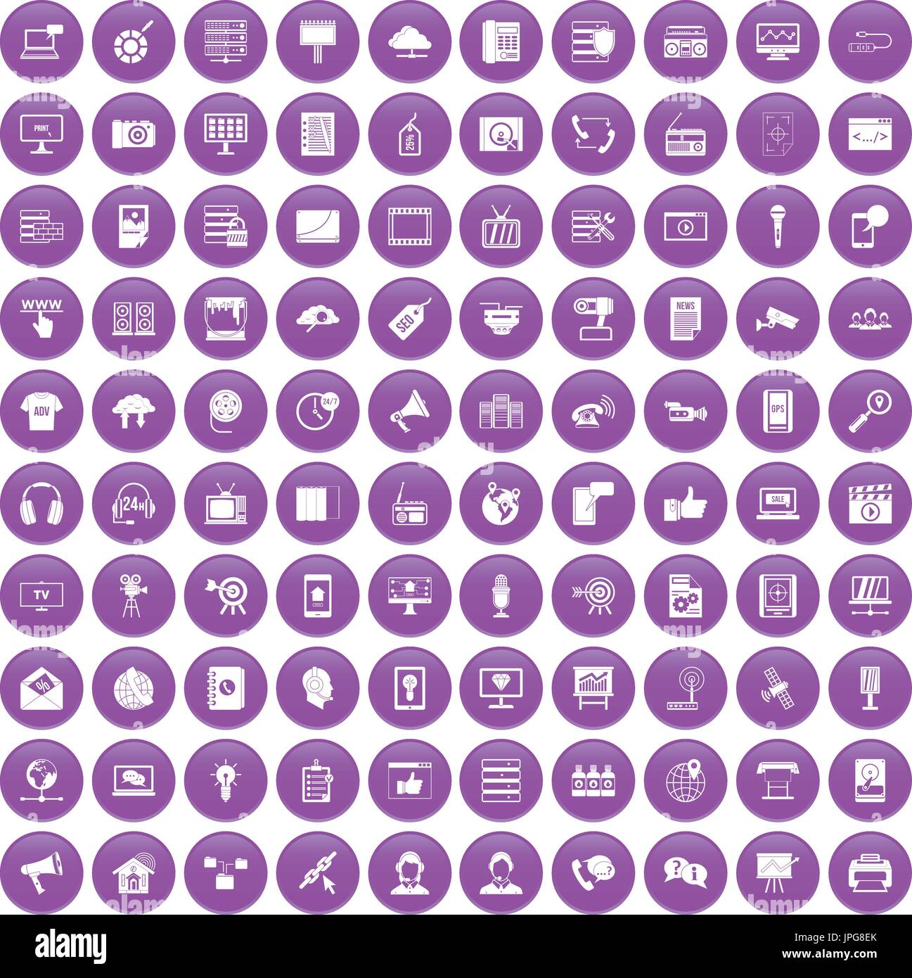 100 information technology icons set purple Stock Vector