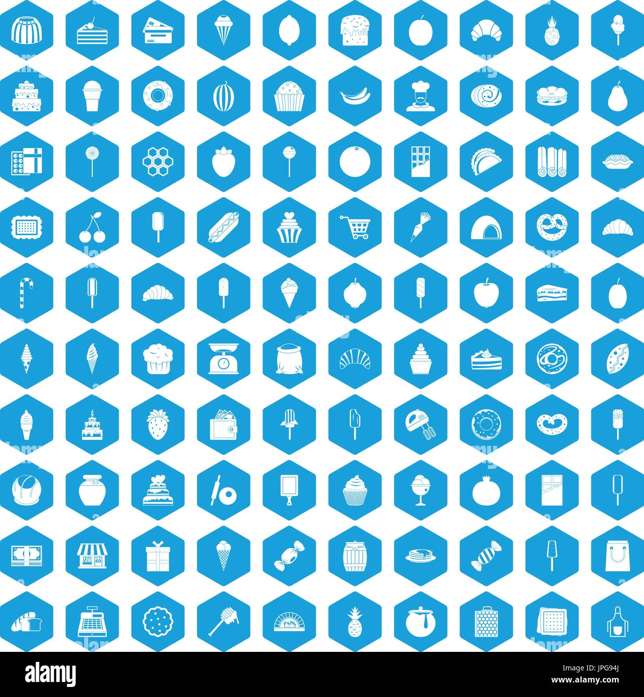 100 confectionery icons set blue Stock Vector