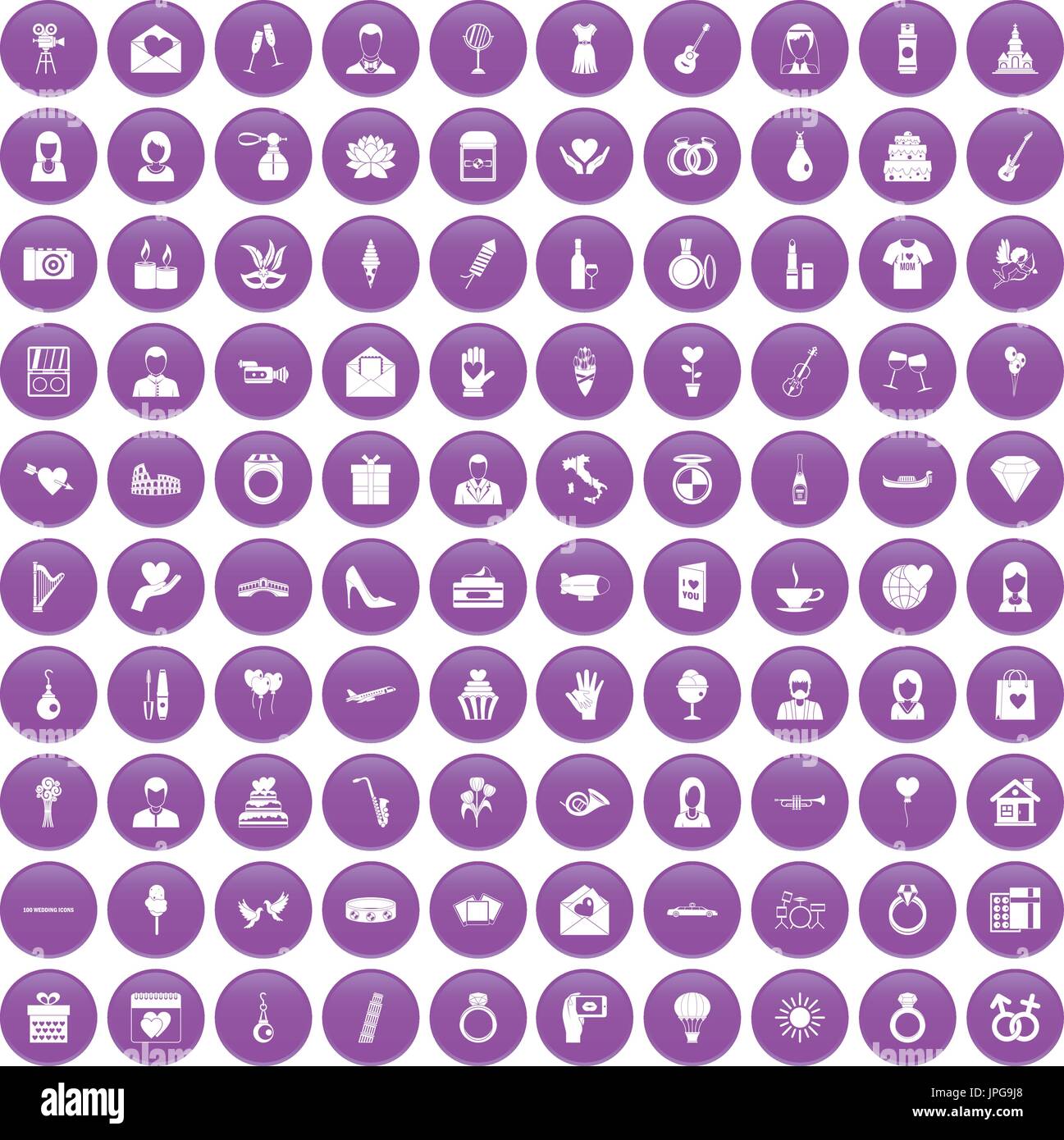 100 wedding icons set purple Stock Vector