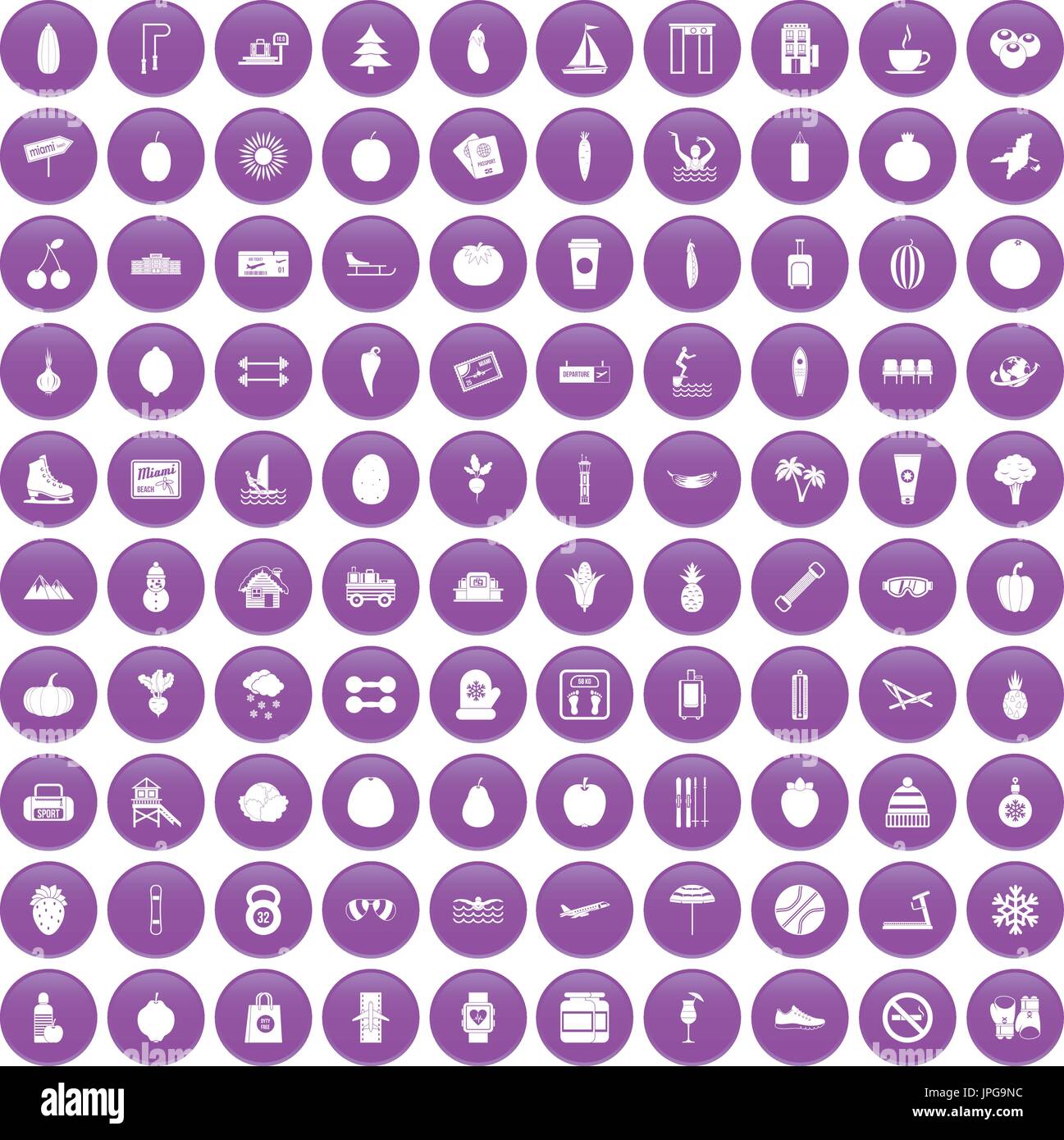 100 wellness icons set purple Stock Vector