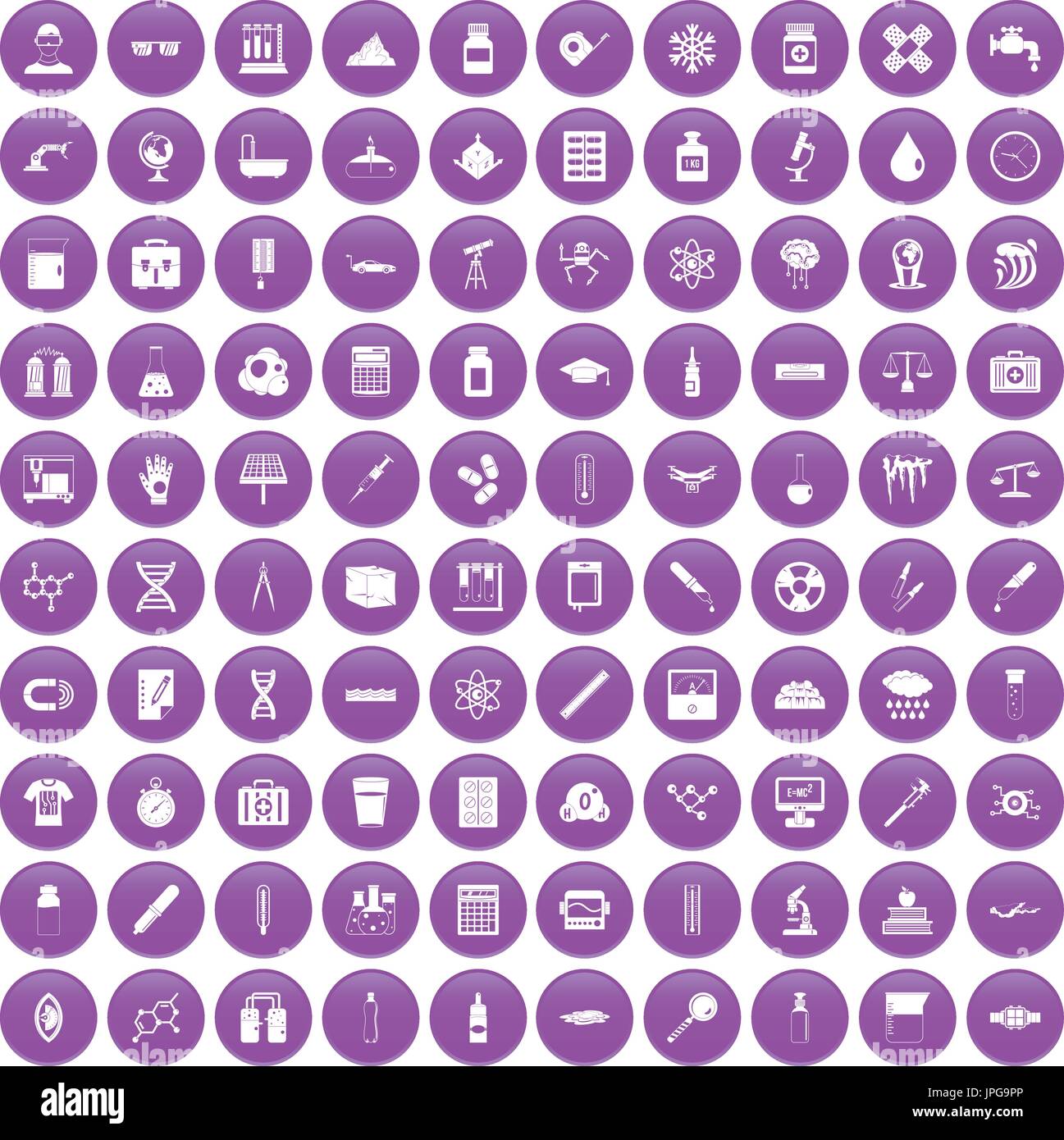 100 laboratory icons set purple Stock Vector
