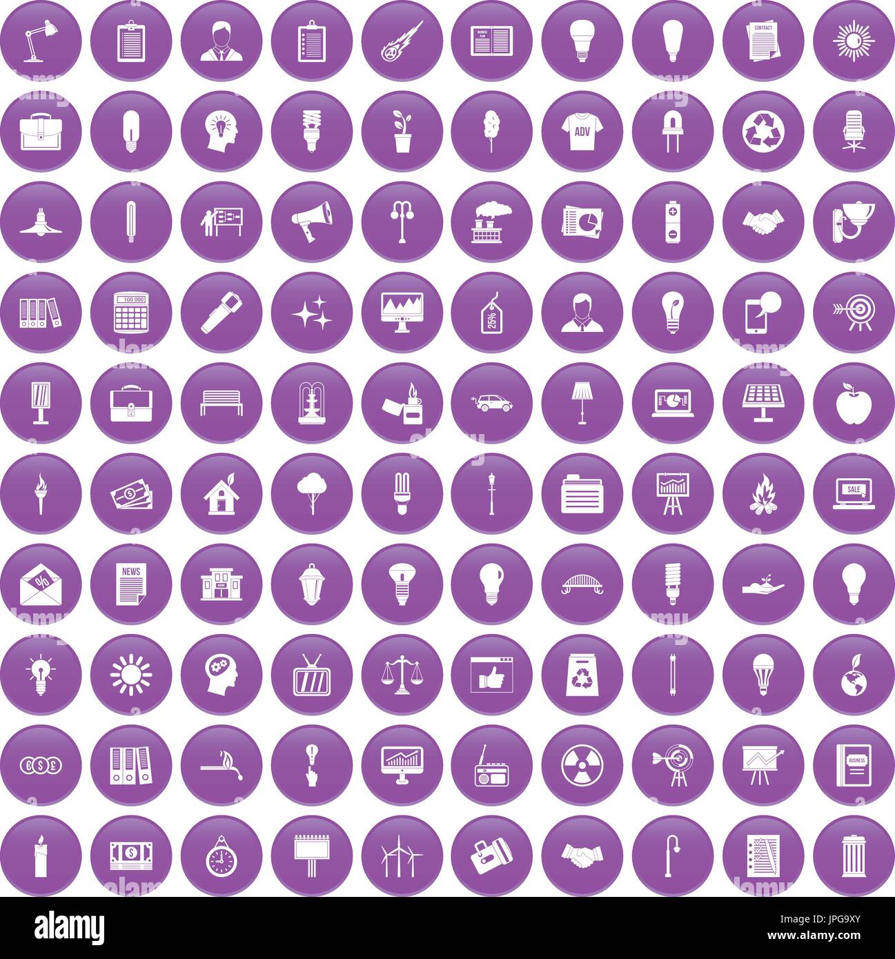 100 lamp icons set purple Stock Vector