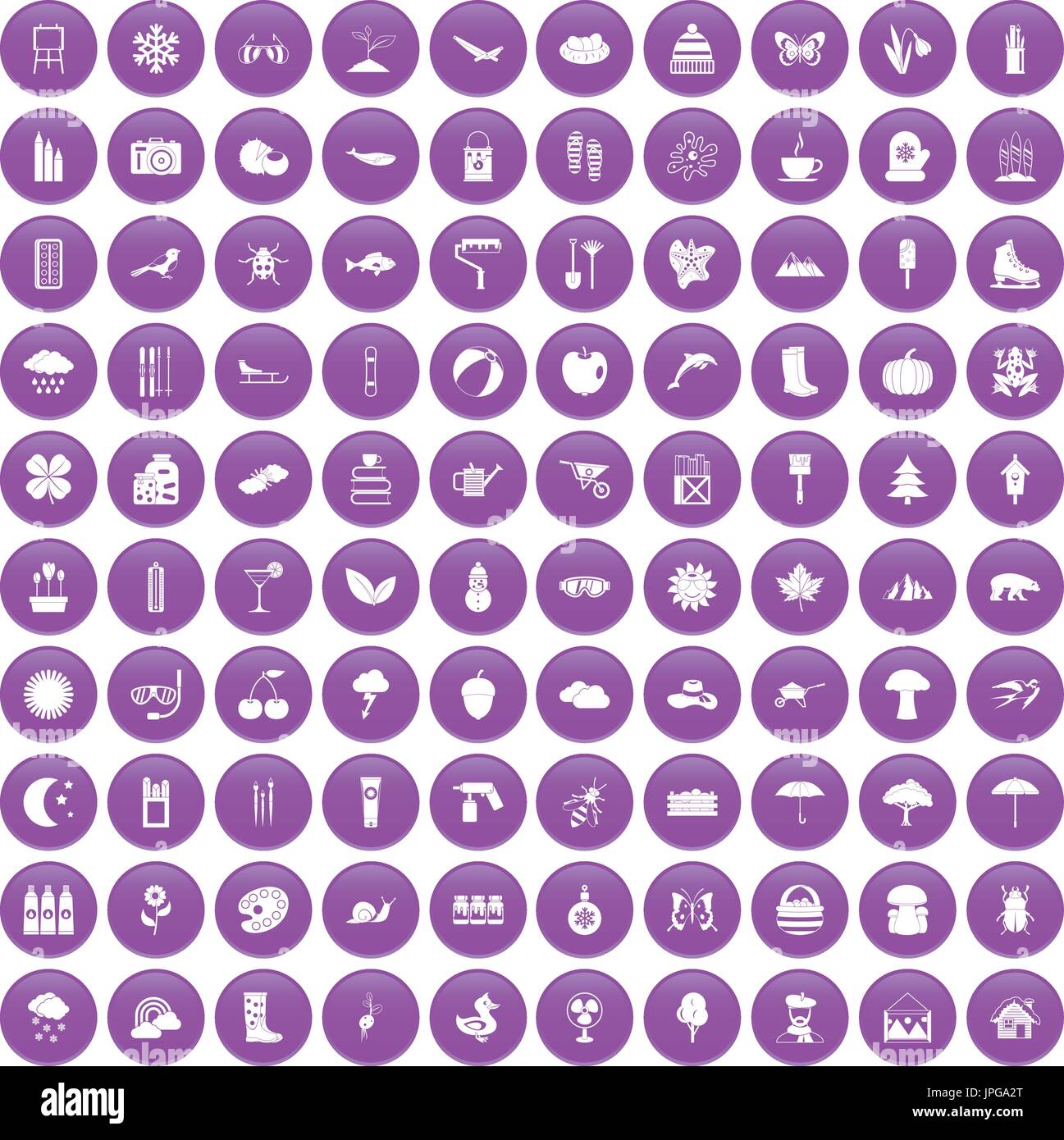 100 landscape icons set purple Stock Vector