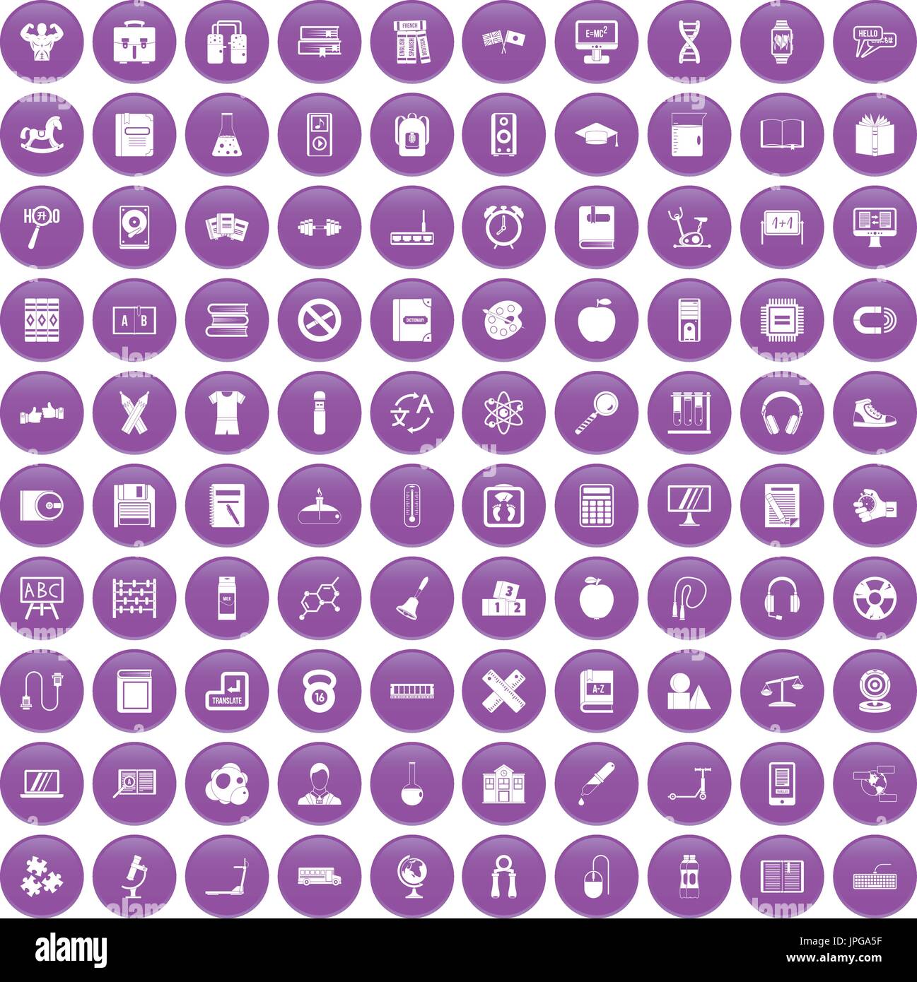 100 learning kids icons set purple Stock Vector